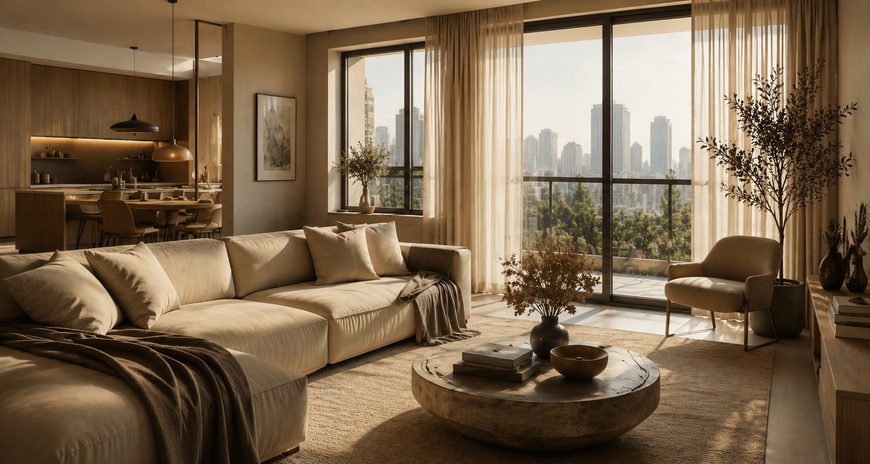 Beautiful small living room with skyline view